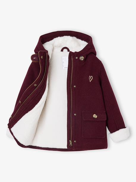 Manteau à capuche fille drap de laine doublé sherpa bordeaux+chamois+vert foncé - vertbaudet enfant 