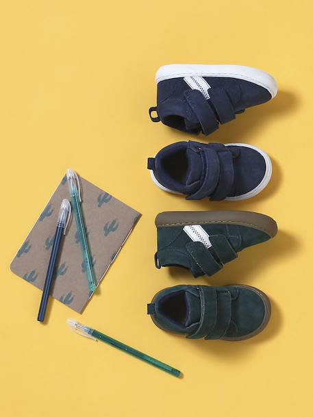 Mid-top fur-lined leather trainers with touch 'n' close fastening for babies camel+green+navy blue - vertbaudet enfant 