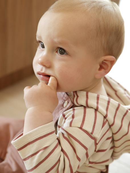 Striped Hooded Top for Baby Boys crystal blue+sandy beige+tomato red - vertbaudet enfant 