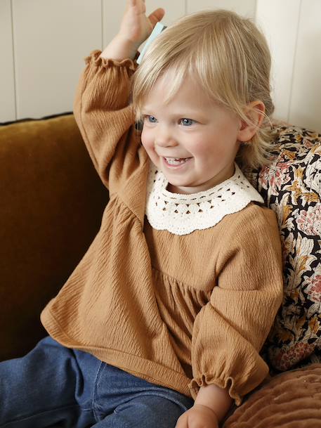 T-shirt for babies in crinkled jersey with crochet collar caramel - vertbaudet enfant 