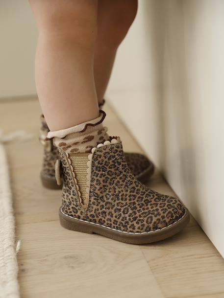 Leather Boots with Elastic, for Baby Girls black+bordeaux red+Camel+navy blue+printed beige - vertbaudet enfant 