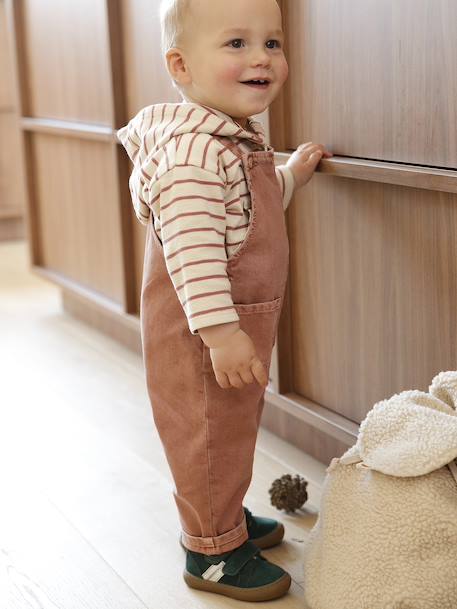 Mid-top fur-lined leather trainers with touch 'n' close fastening for babies camel+green+navy blue - vertbaudet enfant 