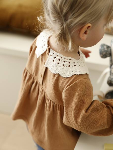 T-shirt for babies in crinkled jersey with crochet collar caramel - vertbaudet enfant 