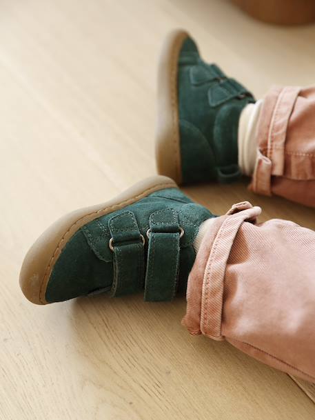Mid-top fur-lined leather trainers with touch 'n' close fastening for babies camel+green+navy blue - vertbaudet enfant 
