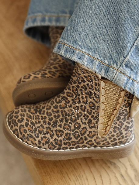 Leather Boots with Elastic, for Baby Girls black+bordeaux red+Camel+navy blue+printed beige - vertbaudet enfant 