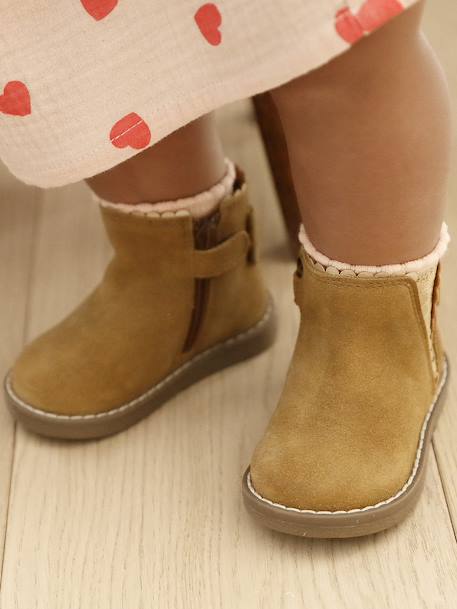 Leather Boots with Elastic, for Baby Girls black+bordeaux red+Camel+navy blue+printed beige - vertbaudet enfant 