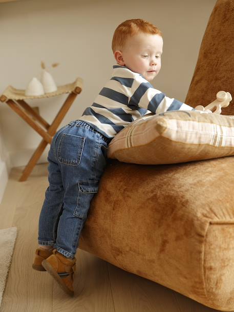 Striped long-sleeved baby polo shirt cocoa+grey blue - vertbaudet enfant 
