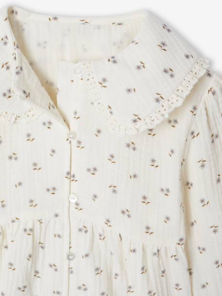Chemise fille gaze de coton col brodé écru+vert émeraude - vertbaudet enfant 