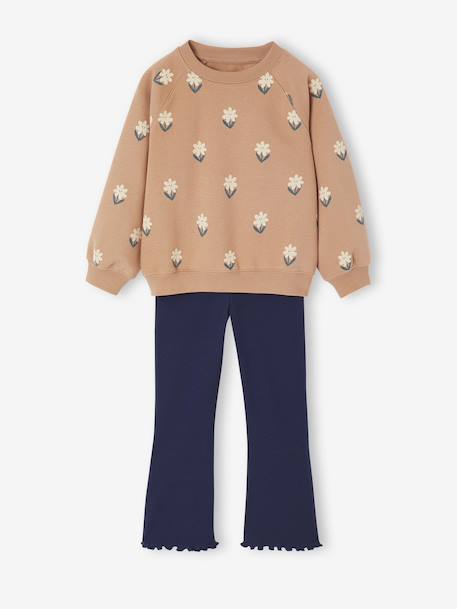 Printed Sweatshirt & Flared Leggings Set for Girls dusky pink+navy blue - vertbaudet enfant 