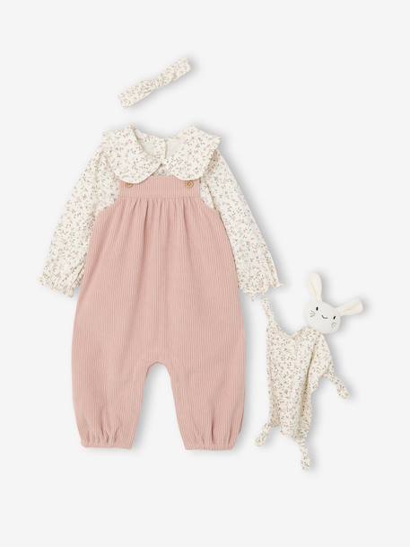 Coffret bébé T-shirt + salopette + bandeau + doudou rose poudré - vertbaudet enfant 