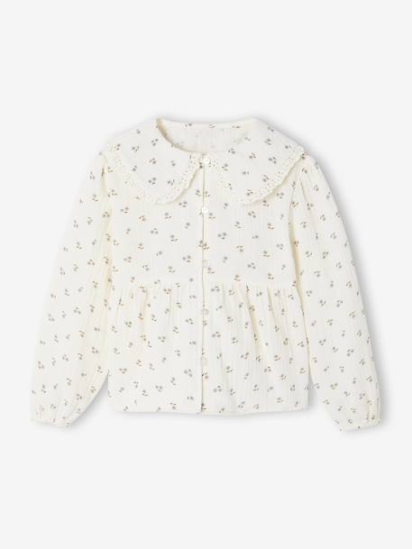 Chemise fille gaze de coton col brodé écru+vert émeraude - vertbaudet enfant 