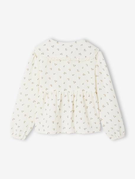 Chemise fille gaze de coton col brodé écru+vert émeraude - vertbaudet enfant 