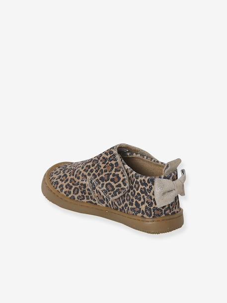 Indoor Shoes in Smooth Leather with Hook-&-Loop Strap, for Babies gold+printed beige - vertbaudet enfant 