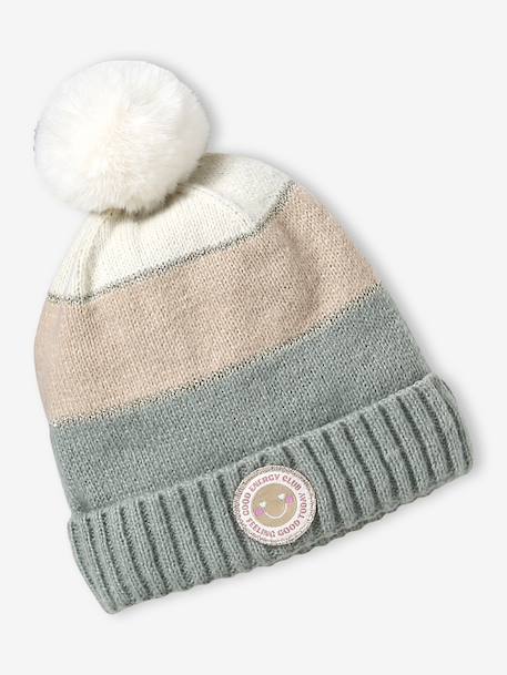 Colourblock Beanie, Snood, Mittens/Fingerless Mitts Set for Girls aqua green+striped pink - vertbaudet enfant 