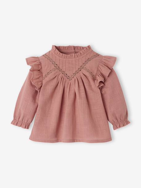 Frilly Blouse in Slub Fabric for Babies old rose+sky blue - vertbaudet enfant 