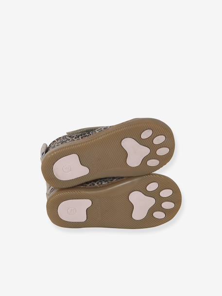 Indoor Shoes in Smooth Leather with Hook-&-Loop Strap, for Babies gold+printed beige - vertbaudet enfant 