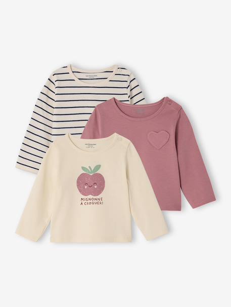 Pack of 3 long-sleeved Basic t-shirts for babies old rose - vertbaudet enfant 