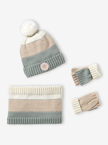 Colourblock Beanie, Snood, Mittens/Fingerless Mitts Set for Girls aqua green+striped pink - vertbaudet enfant 