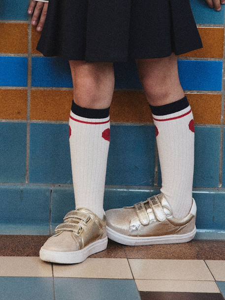 Leather Hook-&-Loop Trainers for Children, Designed for Autonomy gold+printed beige - vertbaudet enfant 