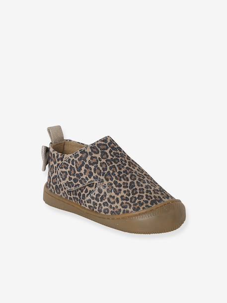Indoor Shoes in Smooth Leather with Hook-&-Loop Strap, for Babies gold+printed beige - vertbaudet enfant 
