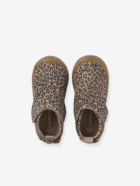 Indoor Shoes in Smooth Leather with Hook-&-Loop Strap, for Babies gold+printed beige - vertbaudet enfant 