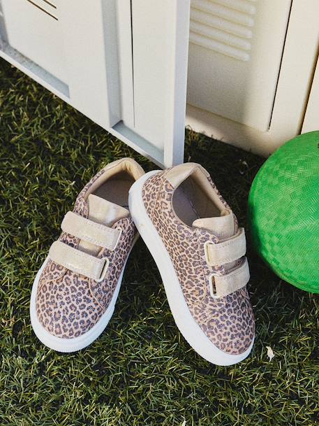 Leather Hook-&-Loop Trainers for Children, Designed for Autonomy gold+printed beige - vertbaudet enfant 