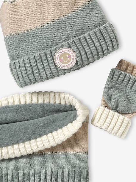 Colourblock Beanie, Snood, Mittens/Fingerless Mitts Set for Girls aqua green+striped pink - vertbaudet enfant 