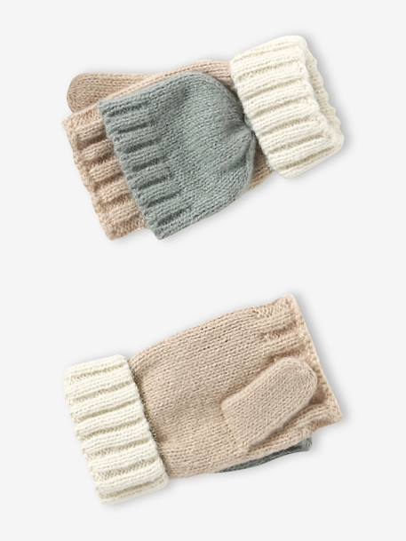 Colourblock Beanie, Snood, Mittens/Fingerless Mitts Set for Girls aqua green+striped pink - vertbaudet enfant 