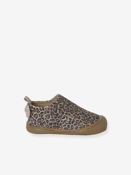 Indoor Shoes in Smooth Leather with Hook-&-Loop Strap, for Babies gold+printed beige - vertbaudet enfant 