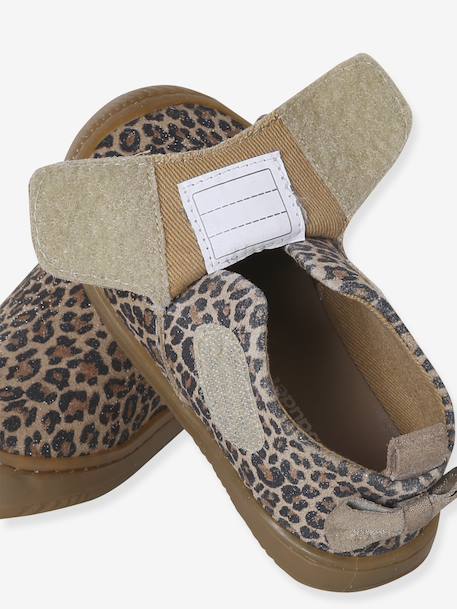 Indoor Shoes in Smooth Leather with Hook-&-Loop Strap, for Babies gold+printed beige - vertbaudet enfant 