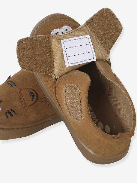 Indoor Shoes in Smooth Leather with Hook-&-Loop Strap, for Babies brown+indigo+pale blue+printed blue - vertbaudet enfant 