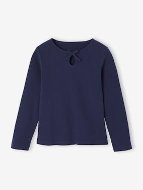 -Long-Sleeved Ribbed Knit T-Shirt for Girls 