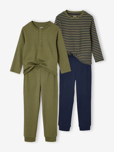 Lot De 2 Pyjamas Garçon Vertbaudet - Côtes 100% Coton - 1 Uni Col Boutonné, 1 Rayé Col Rond - Taille Selon âge