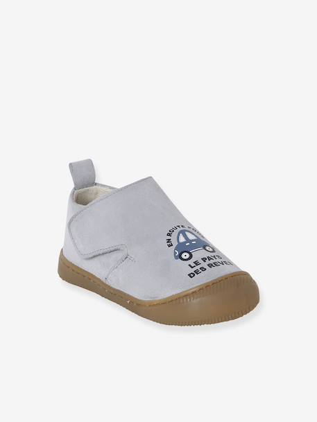 Indoor Shoes in Smooth Leather with Hook-&-Loop Strap, for Babies brown+indigo+pale blue+printed blue - vertbaudet enfant 