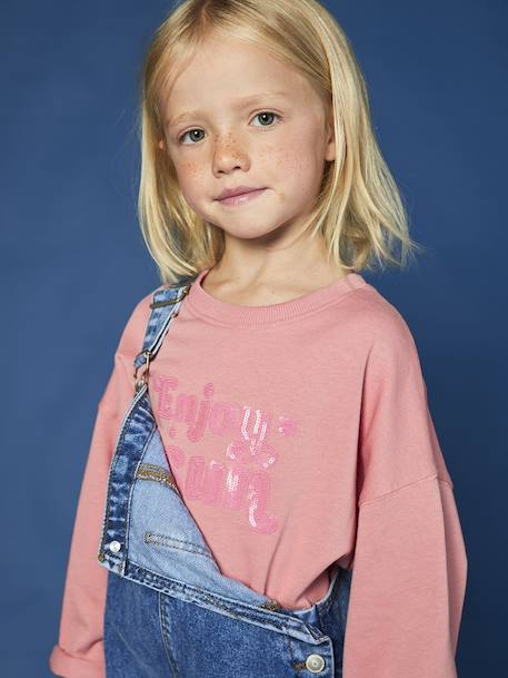 Tee-shirt fille cropped message sequins manches longues rose - vertbaudet enfant 