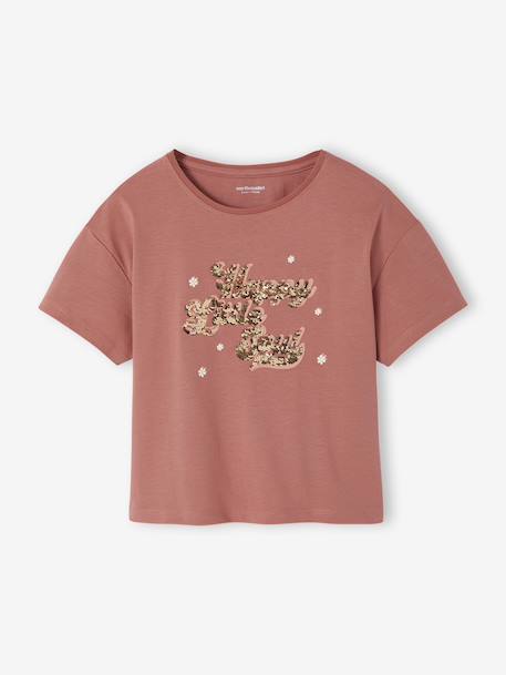 Short-Sleeved T-Shirt with Reversible Sequin Motif, for Girls dusky pink+ecru - vertbaudet enfant 