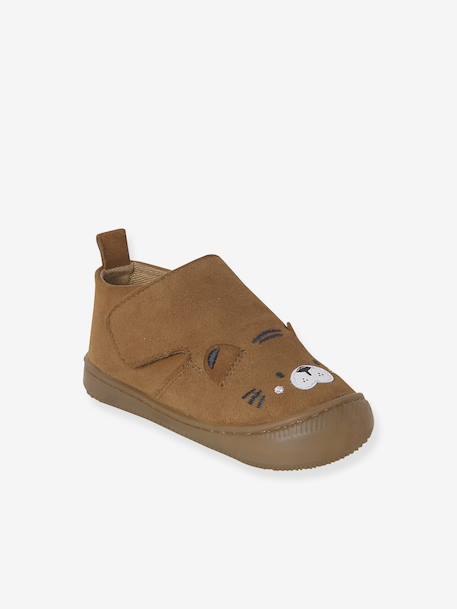 Indoor Shoes in Smooth Leather with Hook-&-Loop Strap, for Babies brown+indigo+pale blue+printed blue - vertbaudet enfant 