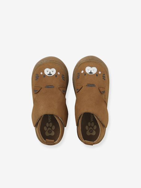 Indoor Shoes in Smooth Leather with Hook-&-Loop Strap, for Babies brown+indigo+pale blue+printed blue - vertbaudet enfant 