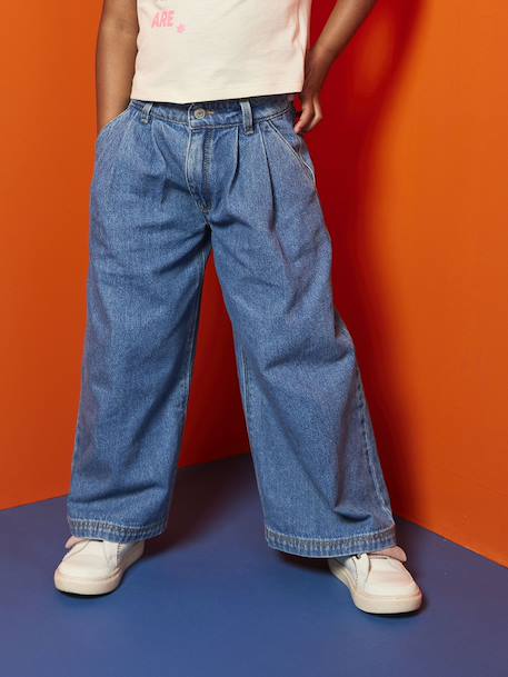 Wide-Leg Jeans with Pleats for Girls denim grey+medium blue - vertbaudet enfant 