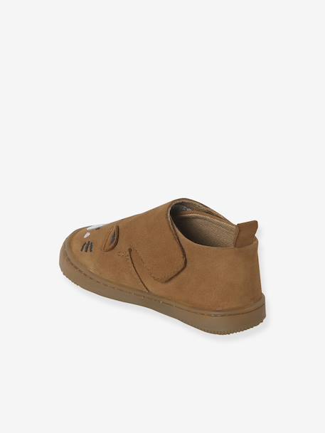 Indoor Shoes in Smooth Leather with Hook-&-Loop Strap, for Babies brown+indigo+pale blue+printed blue - vertbaudet enfant 