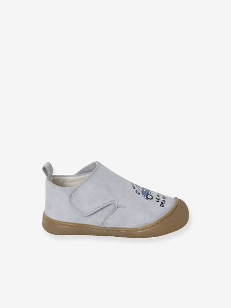 Indoor Shoes in Smooth Leather with Hook-&-Loop Strap, for Babies brown+indigo+pale blue+printed blue - vertbaudet enfant 