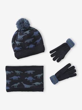 -Ensemble garçon bonnet + snood + moufles/gants « Dinos »
