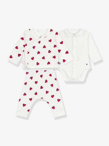 Ensemble 3 pièces imprimé coeurs bébé cardigan cache-coeur, pantalon et body blanc - vertbaudet enfant 