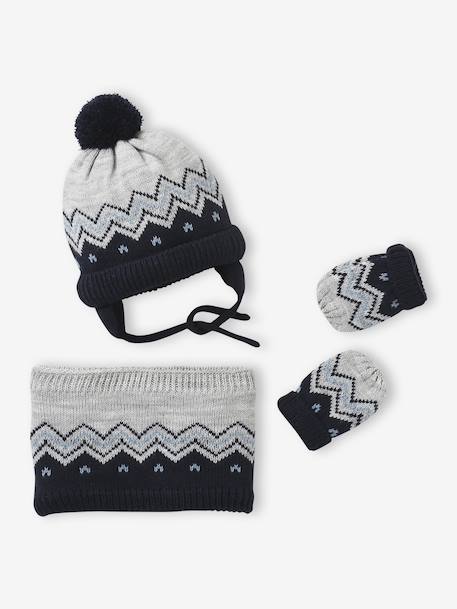 Ensemble jacquard bonnet, snood et moufles bébé gris chiné - vertbaudet enfant 