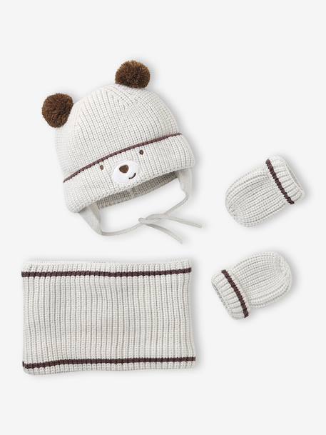 'Bear' Beanie, Snood & Mittens Set for Babies clay beige - vertbaudet enfant 
