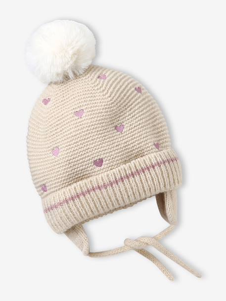 Embroidered heart set with beanie, snood and baby mittens golden beige - vertbaudet enfant 