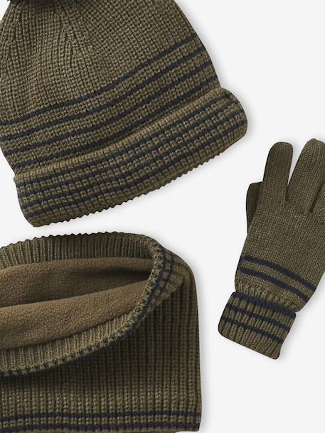 Striped Set for Boys: Beanie + Snood + Mittens/Gloves chambray blue+khaki - vertbaudet enfant 
