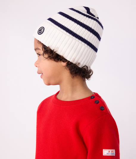 PETIT BATEAU striped beanie for children in knitted fabric with fleece lining navy blue - vertbaudet enfant 