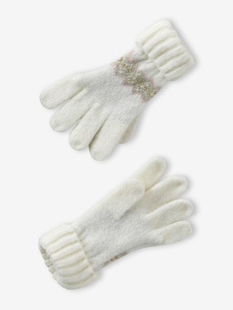 Ensemble jacquard fille bonnet + snood + moufles/gants écru+rose - vertbaudet enfant 