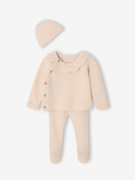 Set of 3 Knitted Items for Newborns: Cardigan + Trousers + Beanie marl grey+rose - vertbaudet enfant 